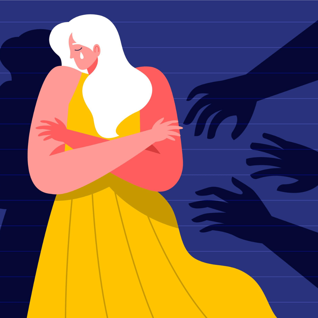 illustratie van een vrouw voor een donkere achtergrond. Ze houdt zichzelf vast en kijkt opzij met een traan op haar wang. Naast haar zie je schaduwen van handen. De tekst 'Stop Gender Violence' is naast haar te zien.