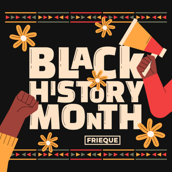 Illustratie met de woorden 'Black History Month". Naast die woorden zijn twee handen te zien en bloemen in de kleuren geel, groen en rood