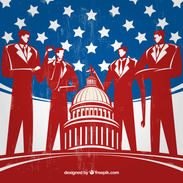Illustratie van vier mannen in pakken die boven het Amerikaanse capitol gebouw uittorenen. Op de achtergrond is een Amerikaanse vlag te zien.