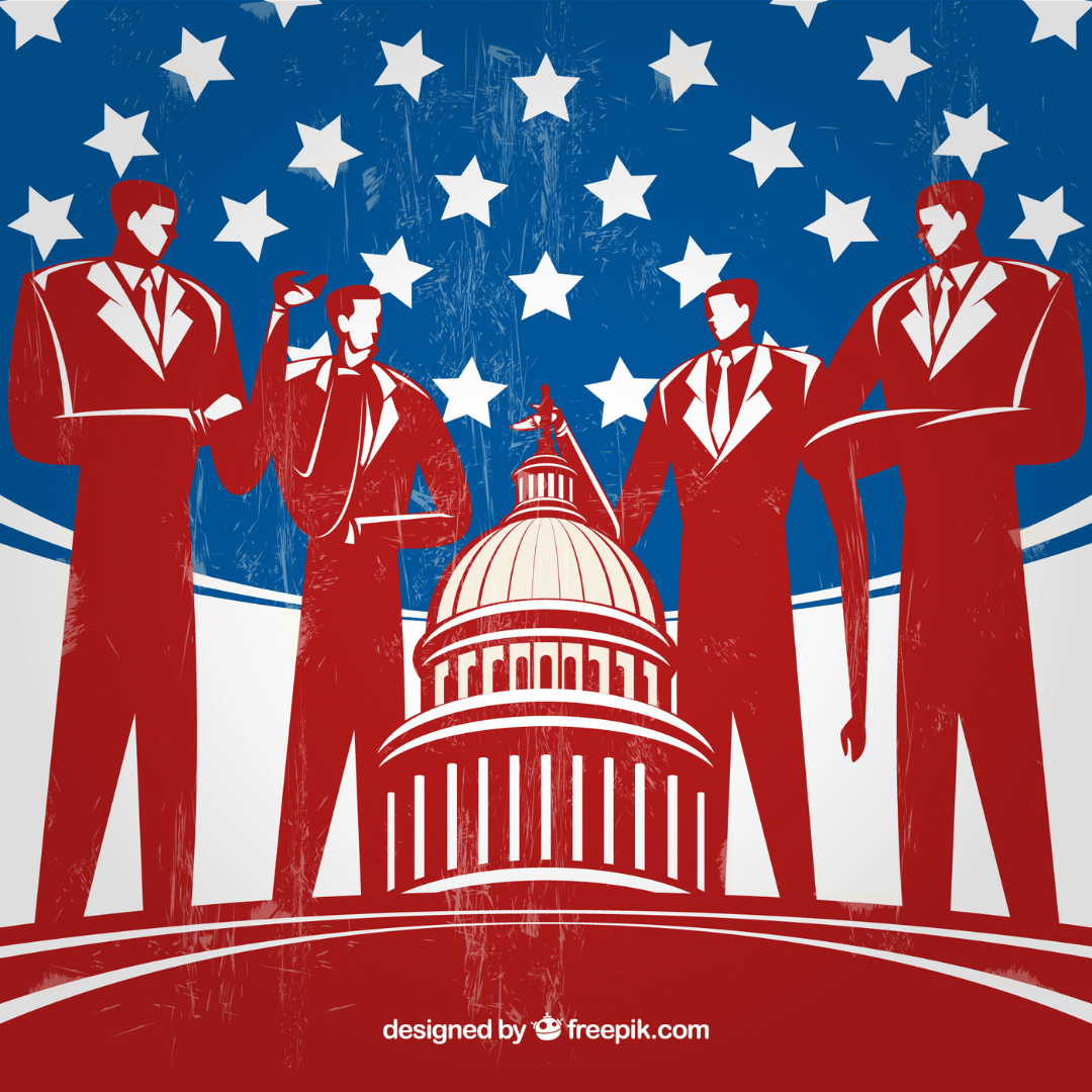 Illustratie van vier mannen in pakken die boven het Amerikaanse capitol gebouw uittorenen. Op de achtergrond is een Amerikaanse vlag te zien.