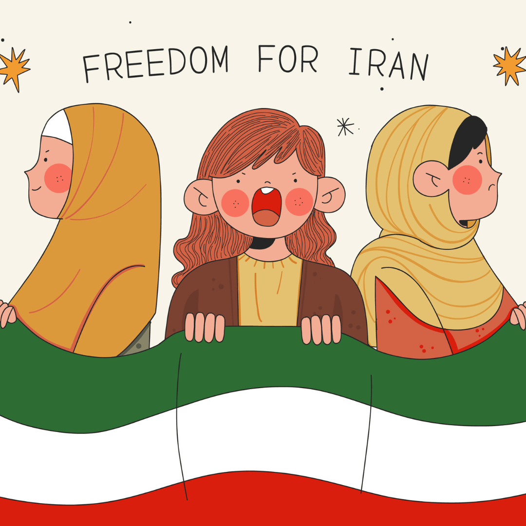 Illustratie van vier personen die de Iraanse vlag vasthouden. Twee van de personen dragen een hijab, de middelste persoon heeft diens mond open alsof die roept. Boven de personen staat: "Freedom for Iran"