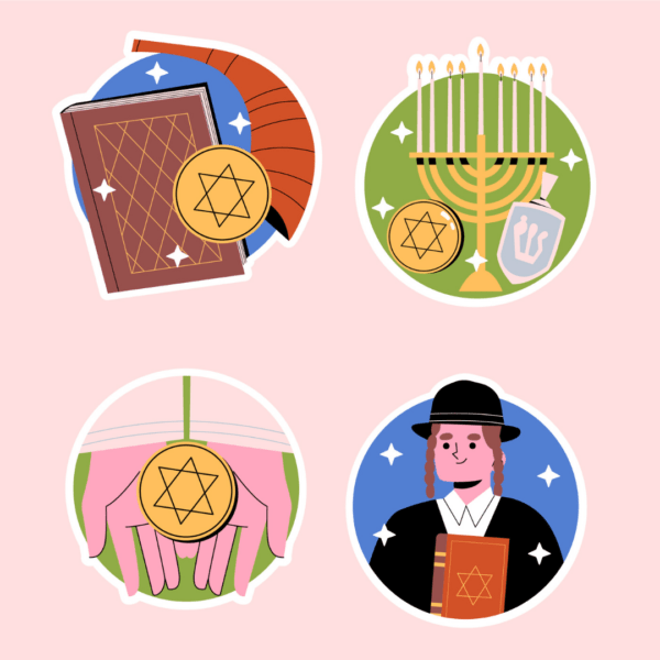 Illustratie van verschillende symbolen die bij het Jodendom horen. Zoals een menora en een thora.