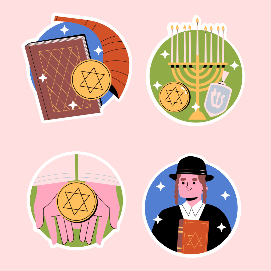 Illustratie van verschillende symbolen die bij het Jodendom horen. Zoals een menora en een thora.