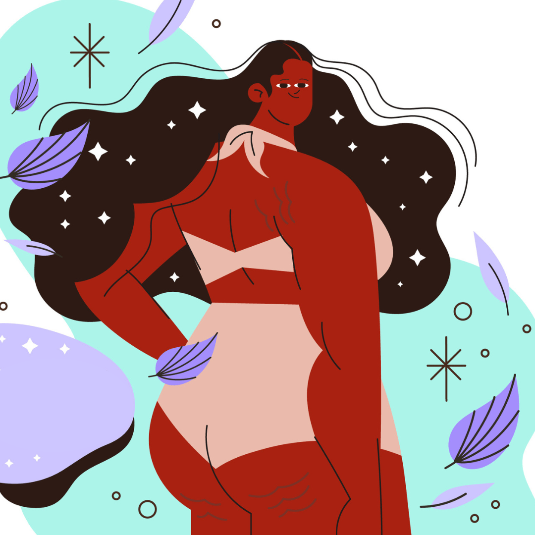 Illustratie van een dik persoon met striae op diens benen. De persoon staat met diens rug naar de camera en kijkt achterom. Die draagt een bikini-achtige outfit in wit. om hen heen zijn blaadjes en sterretjes te zien.