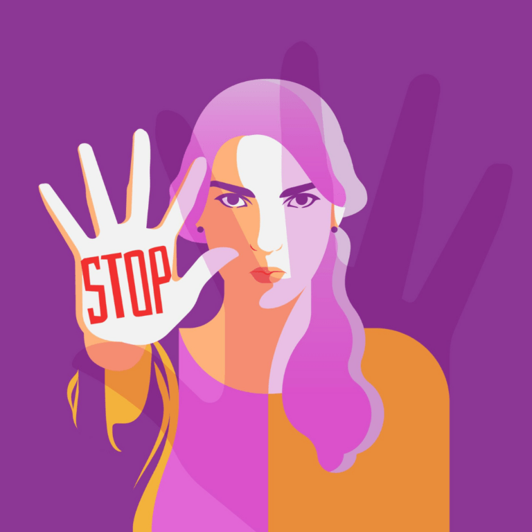 Illustratie van vrouw met uitgestoken hand waar 'stop' op staat. Ze kijkt in de camera met een vastberaden blik. Over haar zie je de schaduw van een hand.