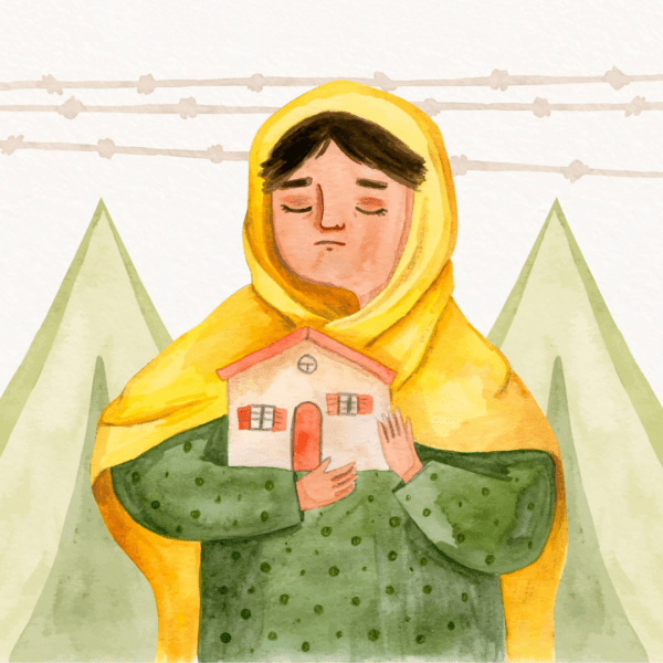 Illustratie van een persoon met hijab die met gesloten ogen een miniatuur huisje omhelst. Op de achtergrond is prikkeldraad te zien en tenten