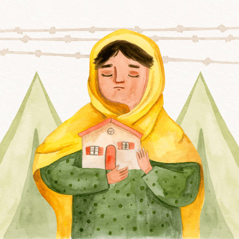 Illustratie van een persoon met hijab die met gesloten ogen een miniatuur huisje omhelst. Op de achtergrond is prikkeldraad te zien en tenten