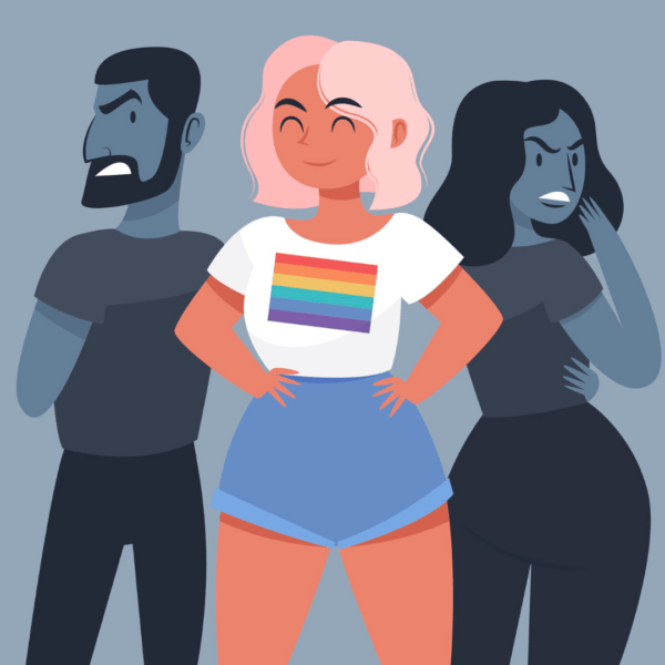 Illustratie van een queer persoon die met een glimlach en een regenboog t-shirt aan staat tussen twee mensen die hen vol afschuw aankijken.