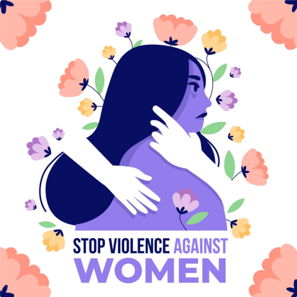 Illustratie van een vrouw die door twee armen vastgehouden wordt; een arm bij haar keel. Ze kijkt bang. Om haar heen zijn bloemen te zien.
