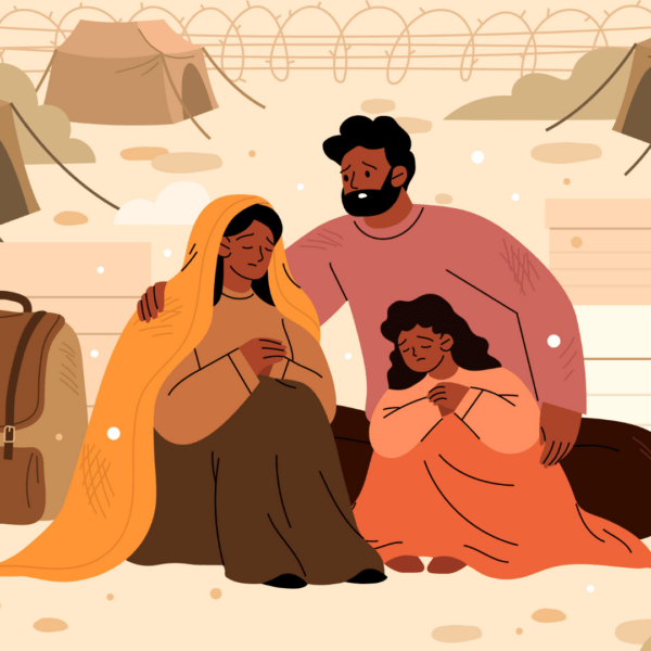 Illustratie van een familie die voor een tentenkamp zit. Ze zijn alledrie verdrietig en houden elkaar vast.