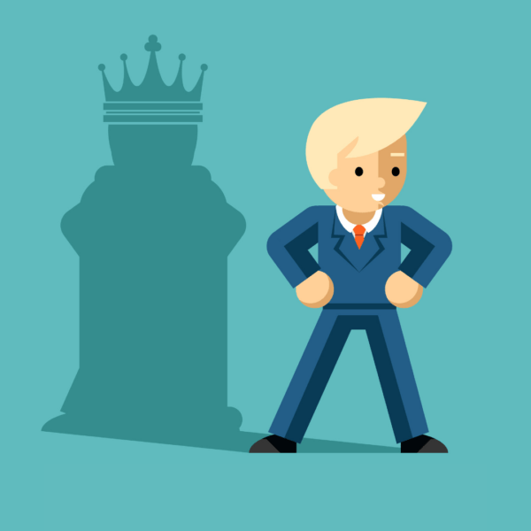 lllustratie van Donald Trump die met handen in zijn zij voor een groene muur staat. Zijn schaduw is die van een koning.