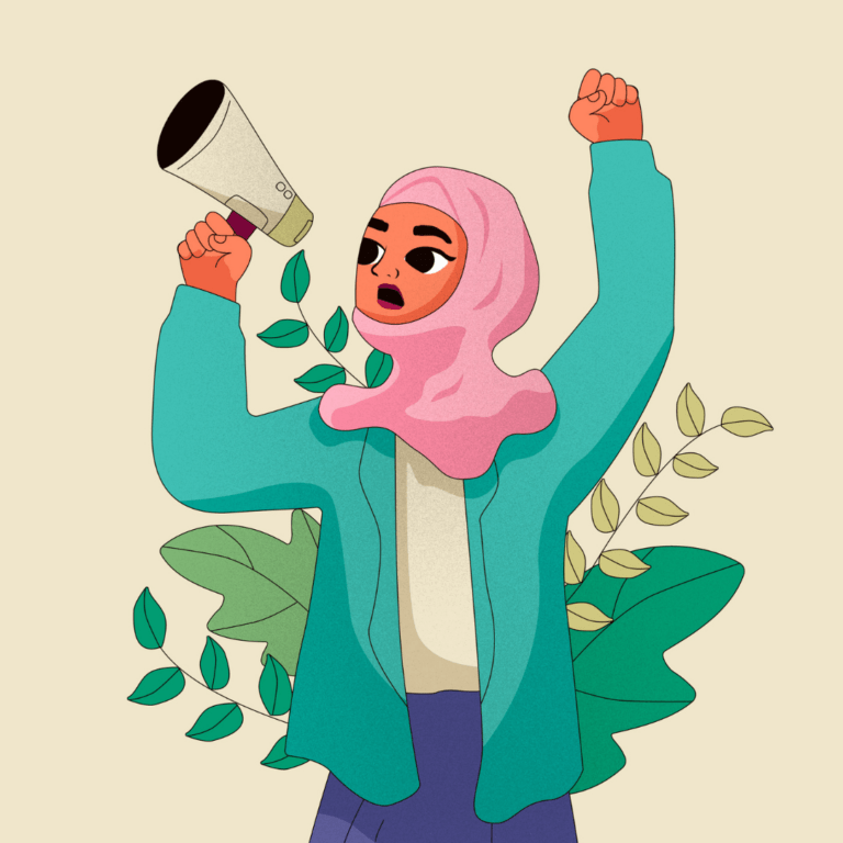 Illustratie van een moslima activiste die met hoofddoek op en gebalde vuist in een megafoon schreeuwt. Achter haar zijn planten te zien.