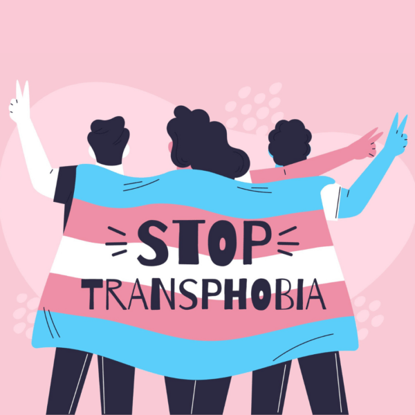 Illustratie van drie mensen die met de rug naar de camera toe staan en een transvlag om hun schouders dragen. Op de vlag staat 'Stop transphobia'.