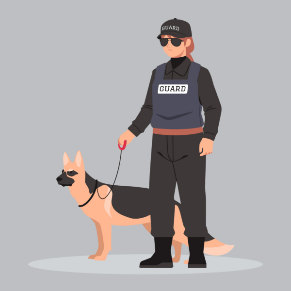 Illustratie van een persoon in tactische uitrusting met een zonnebril op en pet. Naast hen staat een hond.