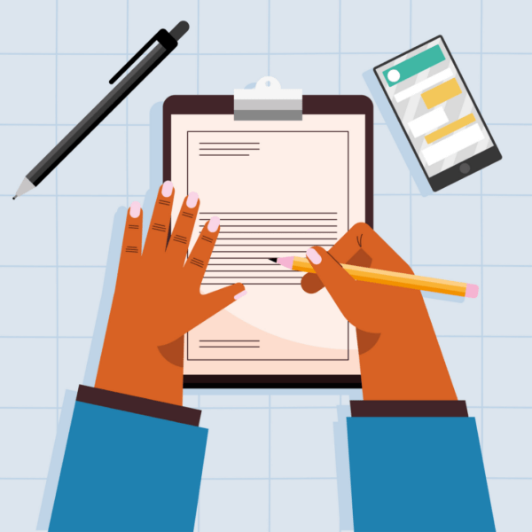 Illustratie van twee handen waarvan een een potlood vast heeft. Op tafel ligt een petitie.