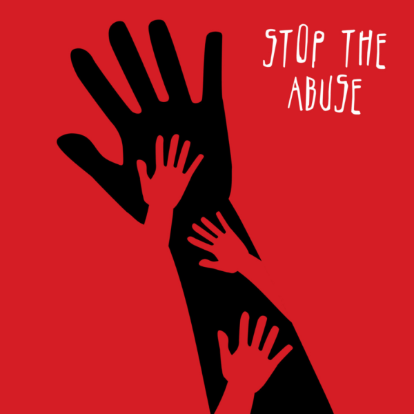 Illustratie van een hand met daarin kleinere handen voor een rode achtergrond met de woorden ernaast: "stop the abuse"