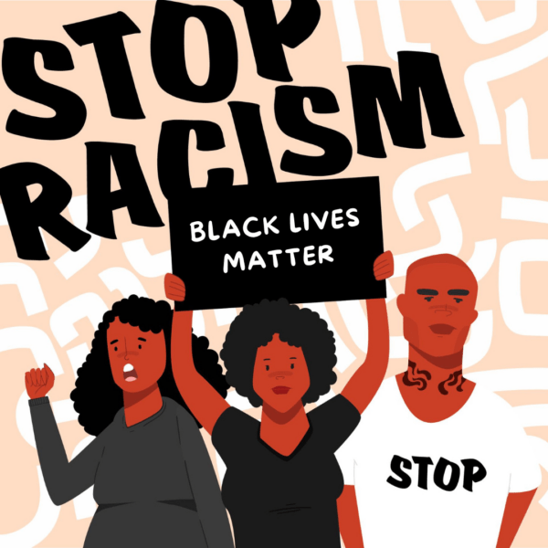 Illustratie van Zwarte mensen die naast elkaar staan en een bord vasthouden met 'Black Lives Matter'