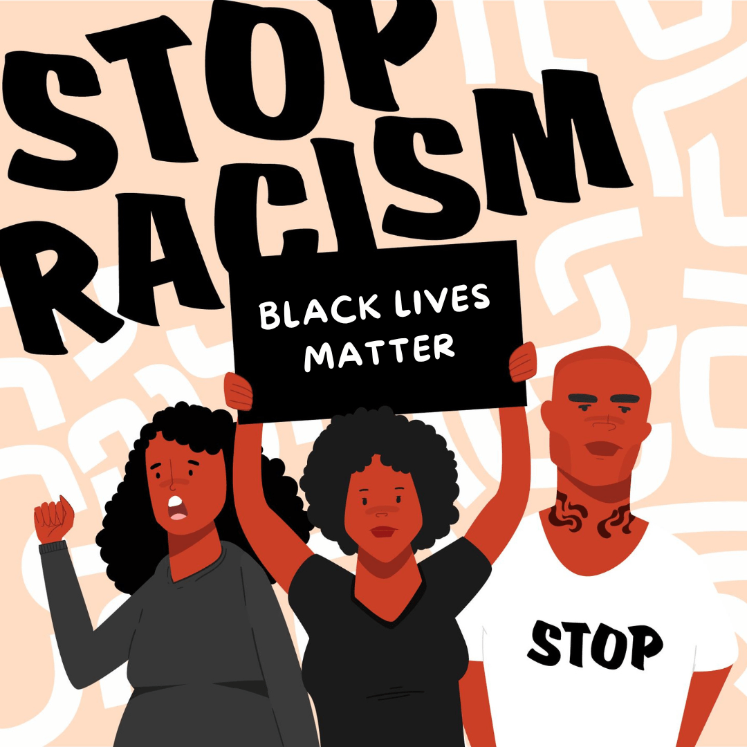 Illustratie van Zwarte mensen die naast elkaar staan en een bord vasthouden met 'Black Lives Matter'