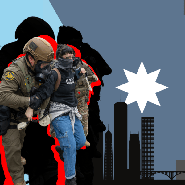 Een foto van een ICE-agent die een persoon oppakt voor een silhouet van de stad Minneapolis en de vlag van Minnesota