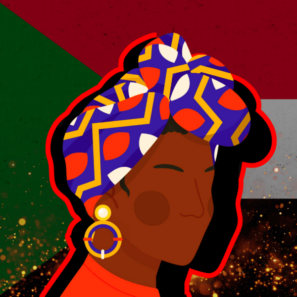 Illustratie van een Zwarte vrouw met hoofddoek voor een vlag van Soedan met daarbij vlammen.