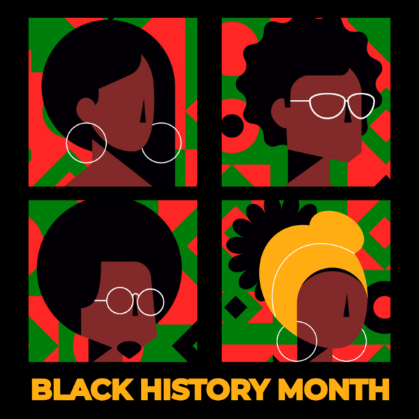 Illustratie van drie zwarte personen voor een gekleurde achtergrond. De kleuren in de afbeelding zijn geel, rood en groen.