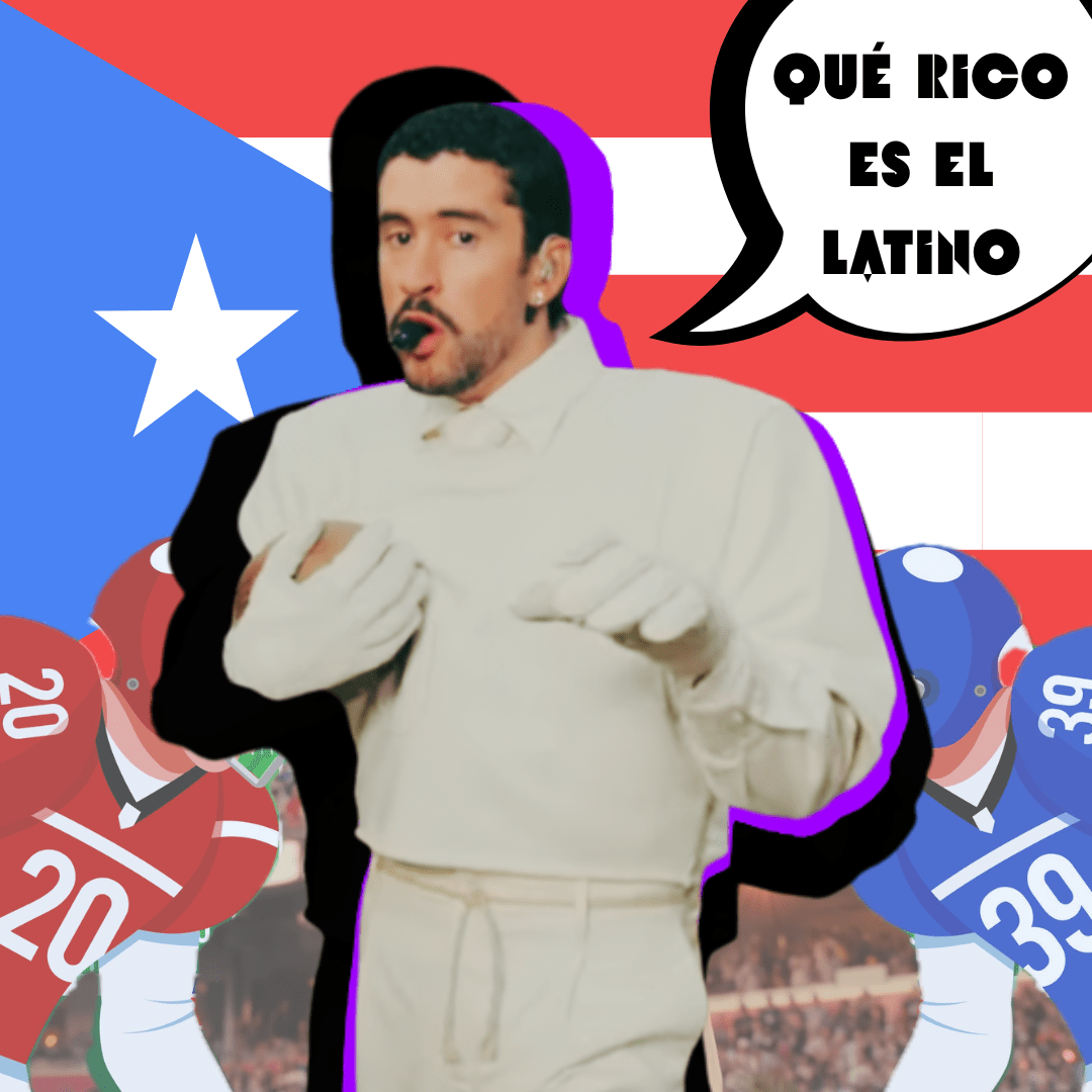 Foto van Bad Bunny uit de half-time show van de Super Bowl met op de achtergrond twee football spelers en een vlag van Puerto Rico