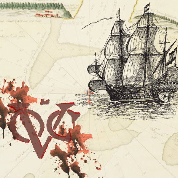 De kaart van de locatie van De Leusden met daarvoor een koopvaardijschip en het VOC logo. Om het logo is bloed te zien.