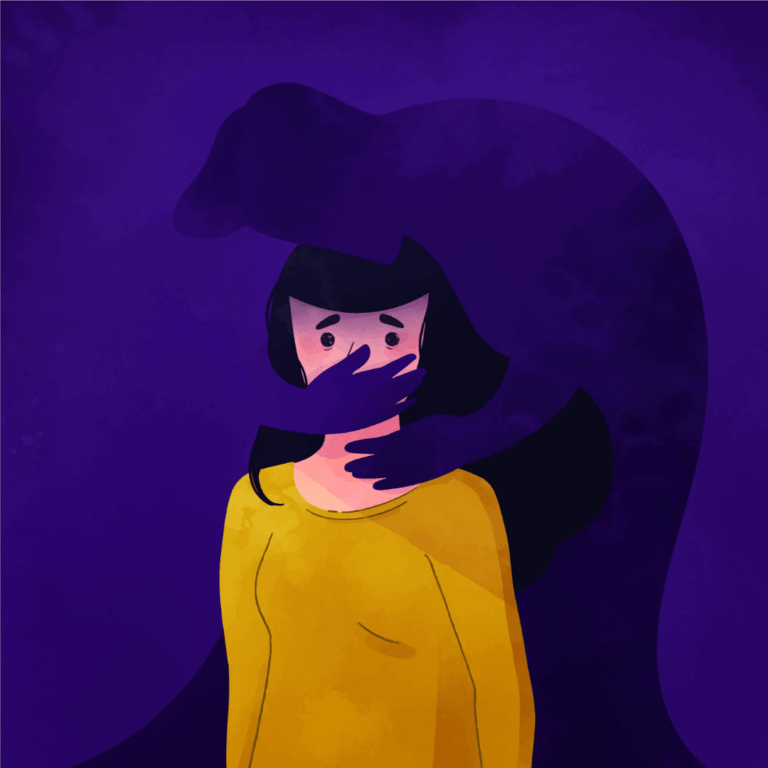 Illustratie van een vrouw voor een paarse achtergrond. Haar mond wordt dichtgehouden door een schaduw die om haar hoofd gekruld zit.