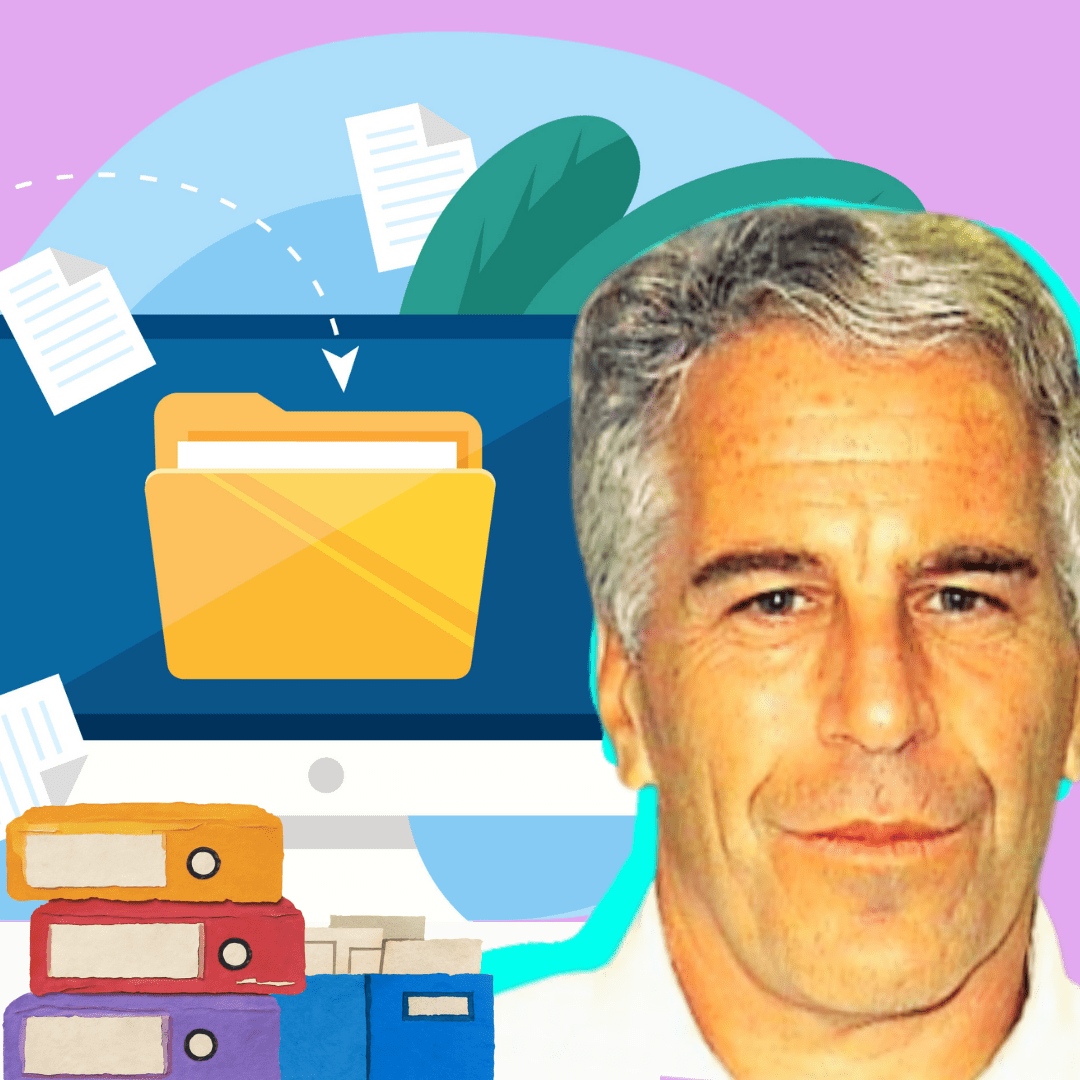 Illustratie van een computer met een afbeelding van een map erop. Om de computer heen zijn allemaal documenten en mappen afgebeeld. Op de voorgrond is een foto van Jeffrey Epstein te zien.