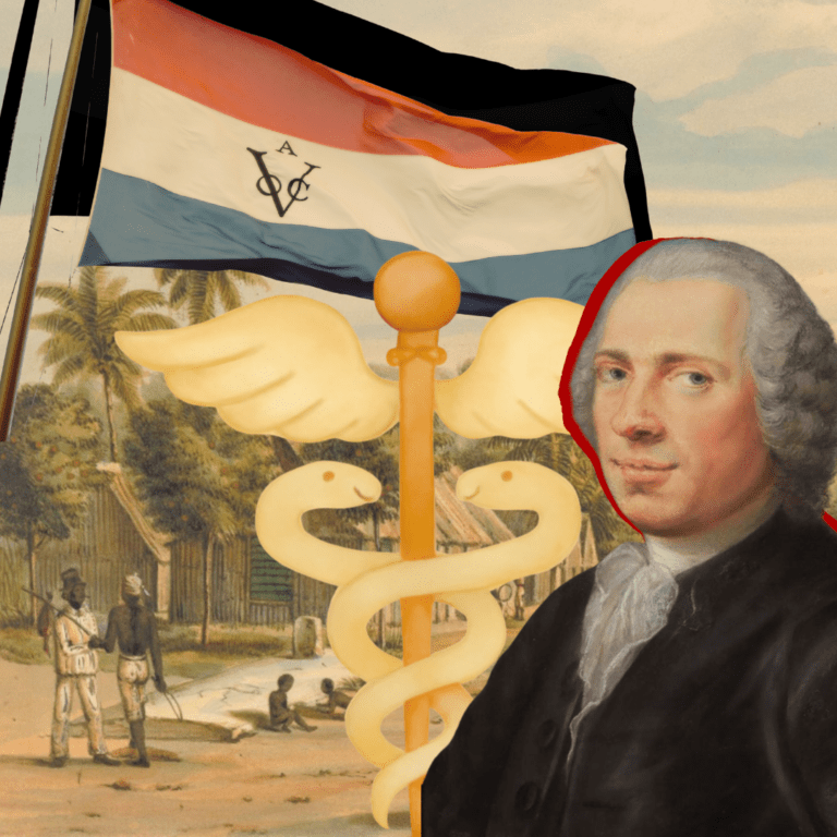 Foto van een plantage in Suriname met daarvoor een portret van David Henri Gallandat en de VOC vlag.