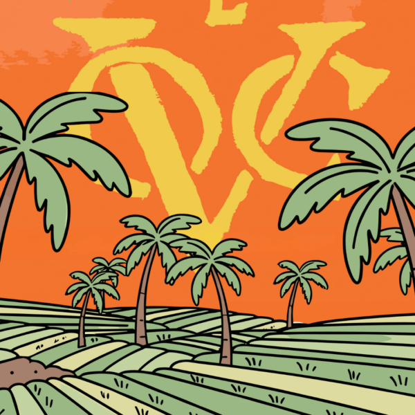 Illustratie van een plantage met palmbomen, op de achtergrond is het logo van de VOC te zien