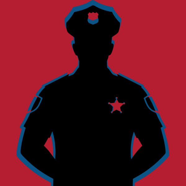 Rode achtergrond met daarvoor het zwarte silhouet van een politieagent.
