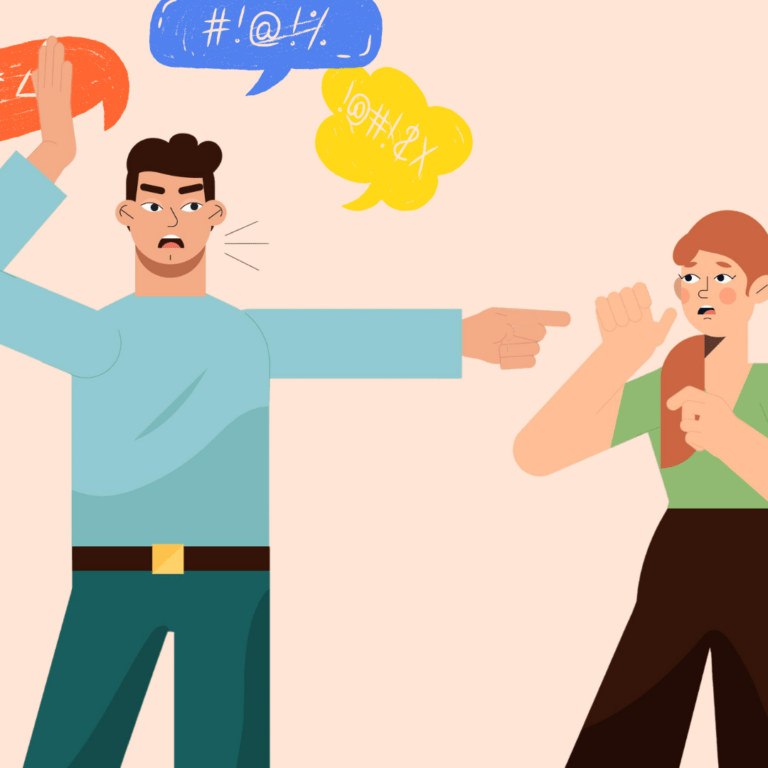 Illustratie van een persoon die scheldwoorden schreeuwt richting een andere persoon.