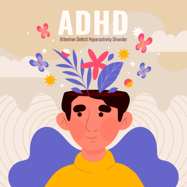 Illustratie van een persoon uit wiens hoofd, planten en vlinders groeien. Boven het hoofd staat 'ADHD'