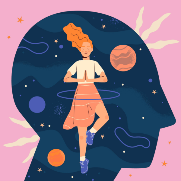 Illustratie van een persoon in het silhouet van een hoofd die in een yoga pose staat. Om hen heen zijn planeten en sterren te zien.