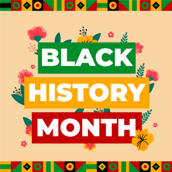 illustratie van de woorden 'Black History Month' met daaromheen bloemen