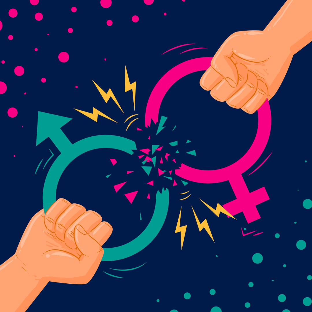 Illustratie van twee handen die de symbolen voor man en vrouw uit elkaar trekken; de ringen zijn gebroken.