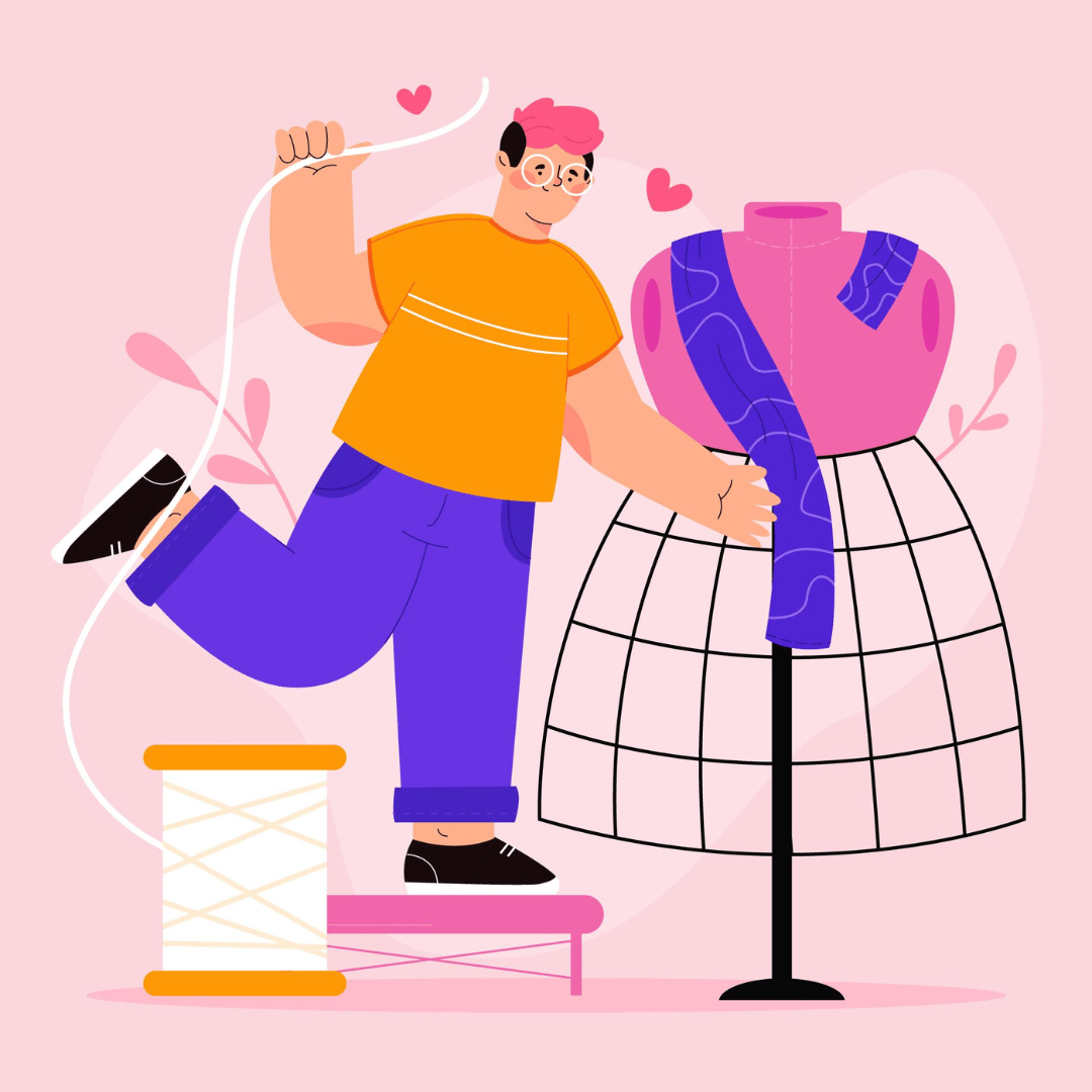 Illustratie van een persoon naast een paspop. De persoon is een jurk aan het naaien die op de pop hangt.