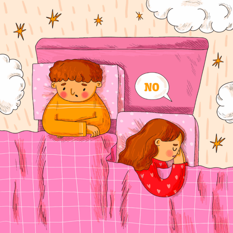 Illustratie van twee mensen in bed waarvan de een met de rug naar de ander toe ligt en 'nee' zegt.