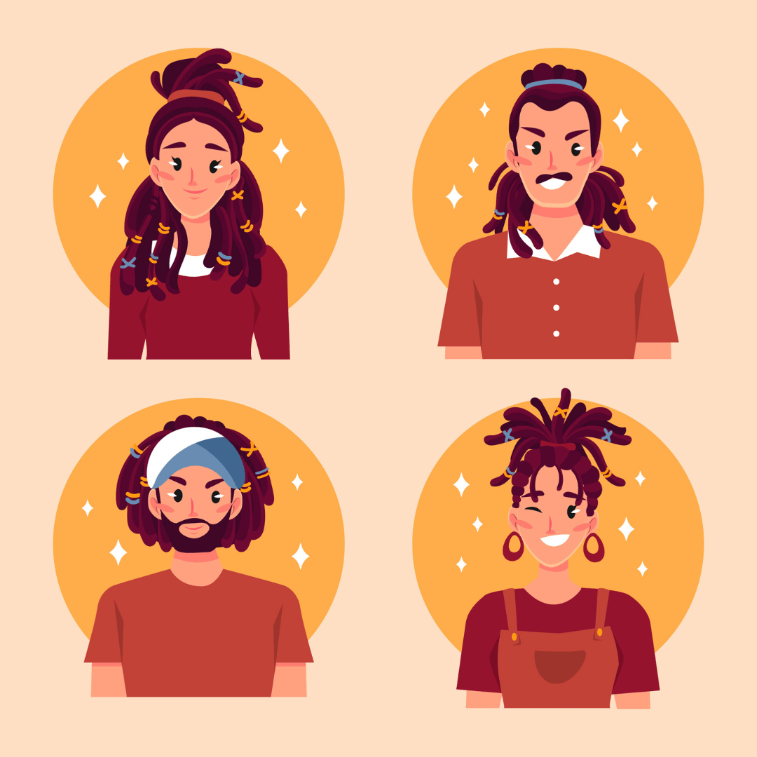 Illustratie van mensen met verschillende haarstijlen zoals locs.