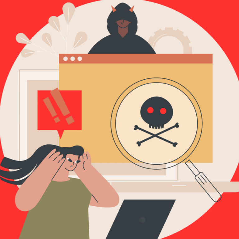 illustratie van een persoon achter een laptop die schrikt van wat die ziet. Op de achtergrond is het scherm te zien met een doodshoofd en een persoon in een donkere hoodie met hoorntjes. De achtergrond van de afbeelding is rood.