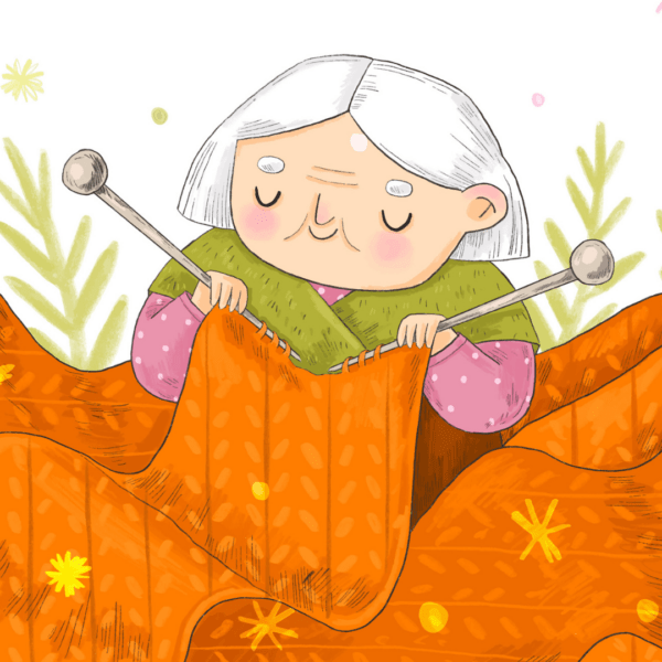 Illustratie van een oud persoon die aan het breien is