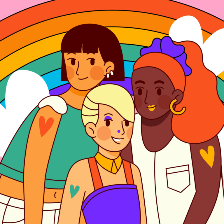Illustratie van drie personen met verschillende genderexpressies voor een achtergrond met regenbogen en hartjes.
