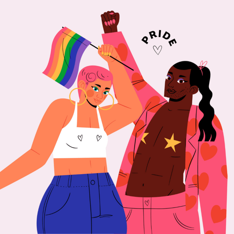 Illustratie van twee queer mensen met een pride vlag