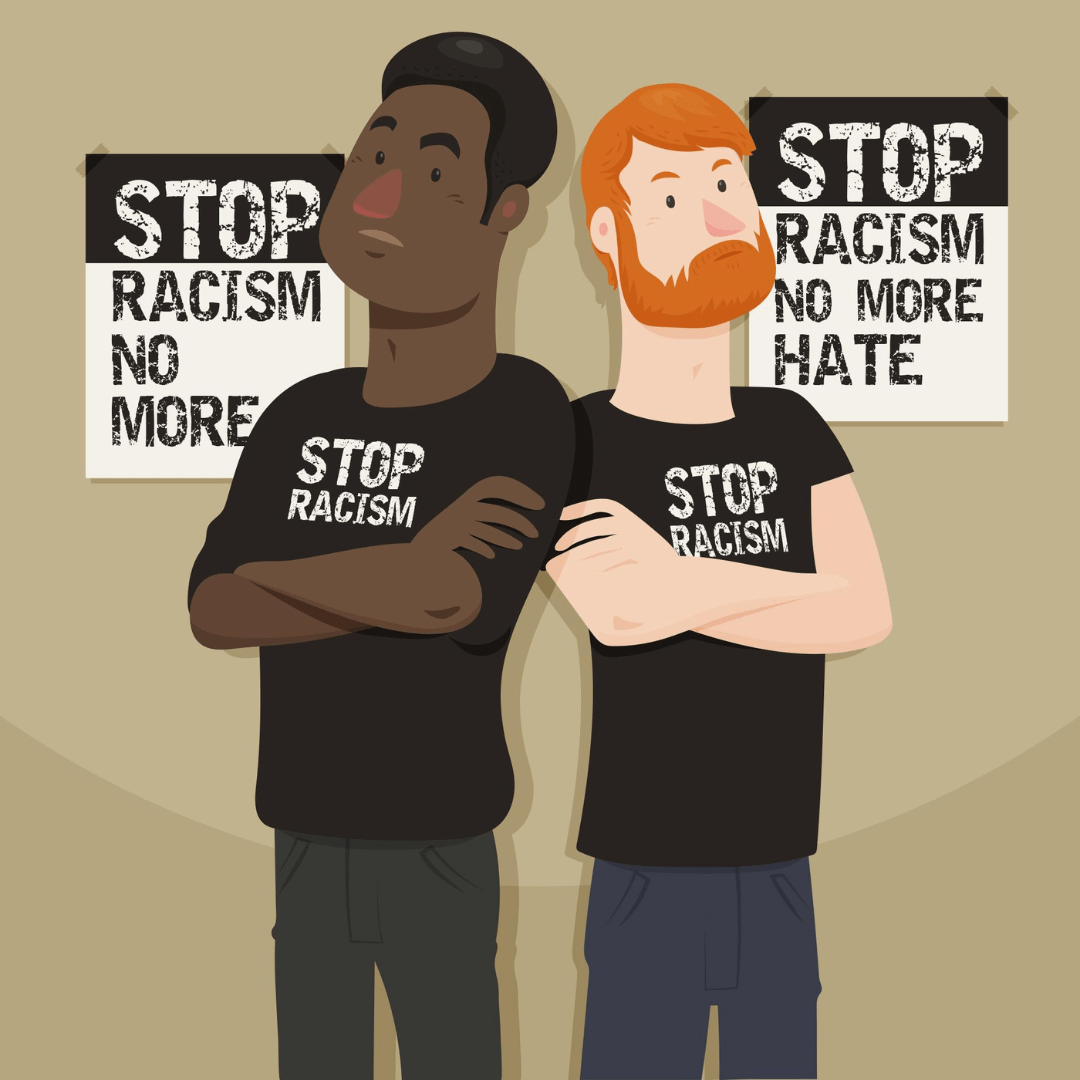 Een illustratie van een Zwart persoon en wit persoon die naast elkaar staan met de armen over elkaar heen. Beide dragen een shirt met 'stop racism' en hebben een poster met 'stop racism no more hate' naast zich.