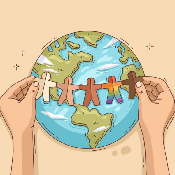 Illustratie van een wereldbol met daarvoor twee handen die een slinger van poppetjes vasthoudt in verschillende kleuren: wit, bruin, zwart en regenboog