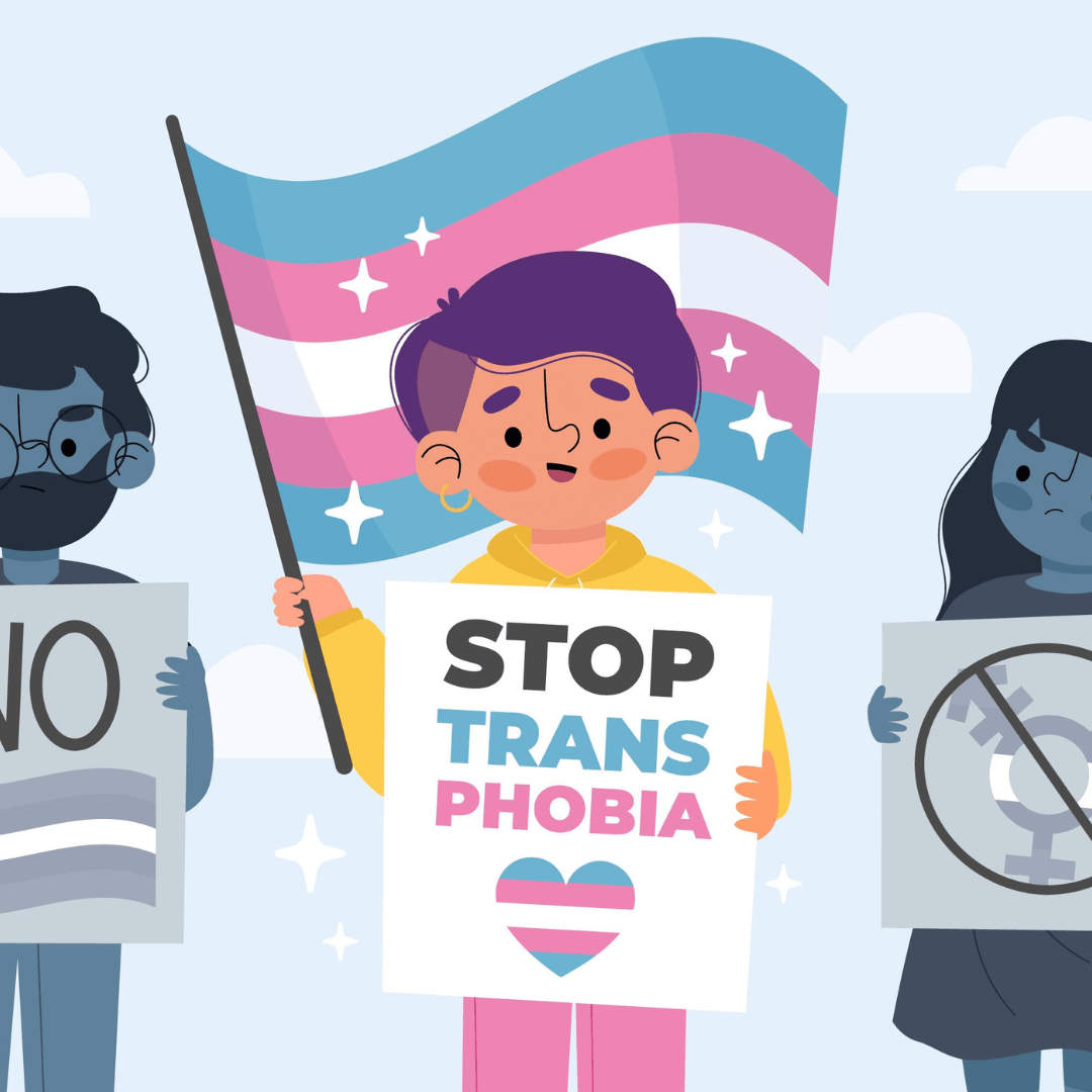 Illustratie van een trans persoon die de trans vlag vasthoudt en een bord met 'stop transphobia'. Naast hen staan twee mensen met anti-trans borden in hun hand.