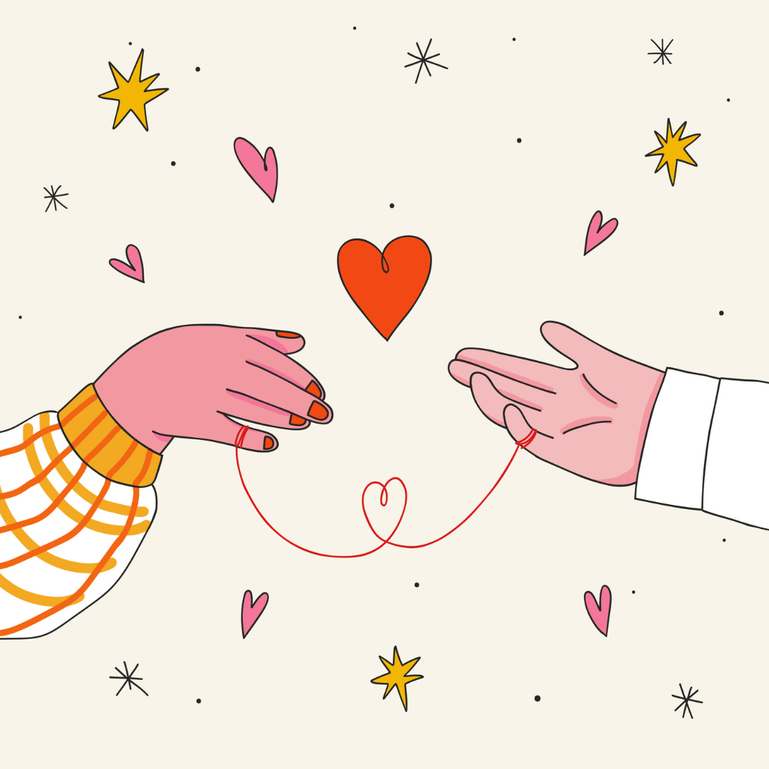 Illustratie van twee handen die naar elkaar reiken. Ze zitten met een touwtje aan elkaar vast en het touwtje vormt een hartje. Tussen de twee handen in is ook een hartje te zien.
