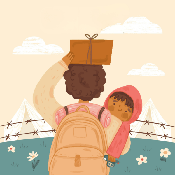 Illustratie van een persoon die met de rug naar de camera toestaat en op diens hoofd een pakketje vastheeft. In de andere arm heeft die een kind dat naar de camera kijkt. Op de achtergrond zijn prikkeldraad, tenten en gras te zien.
