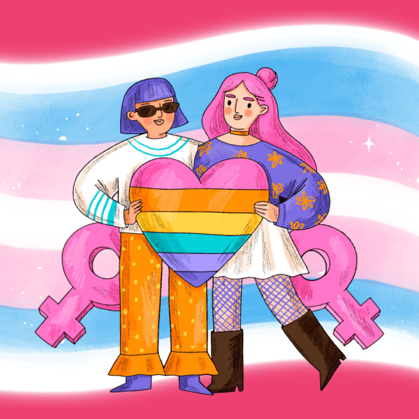 Illustratie van twee vrouwen voor een transgender vlag met een hart in de kleuren van de LHBTQIA+-vlag in hun handen